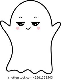 Adorable, smiling ghost floating with arms raised, simple cartoon illustration with thick black outlines and rosy cheeks, perfect for Halloween or spooky designs