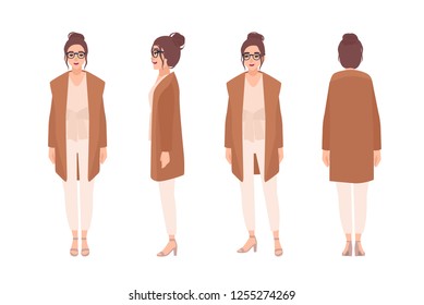 Adorable smiling girl dressed in casual clothes. Funny young woman wearing cardigan. Female cartoon character isolated on white background. Front, side, back views. Flat colorful vector illustration.