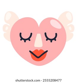 Adorable smiling heart with wings, closed eyes and large red lips, tender face expression isolated on white background. Romantic funny character, emoji for Valentine's day.