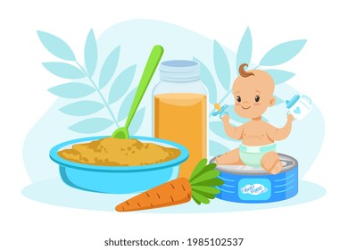 Adorable Smiling Little Boy with Food, Toddler Baby Eating Baby Meals Vector Illustration