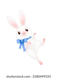 Adorable smiling rabbit with blue ribbon and bow. Funny positive bunny with long ears. Cute and playful rabbit. 3d cartoon animal design. Vector illustration isolated on white background