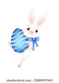 Adorable smiling rabbit with blue ribbon holding blue striped egg. Funny positive bunny with long ears. Cute and playful rabbit. 3d cartoon animal design. Vector illustration isolated on white