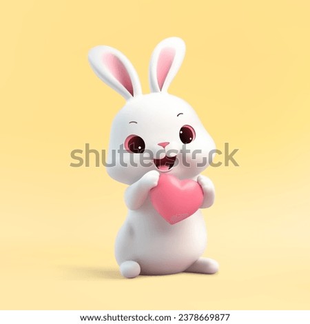 Adorable smiling rabbit with pink heart cute kawaii character 3d icon realistic vector illustration. Funny positive bunny with long ears and symbol of love Easter birthday greeting figurine isolated