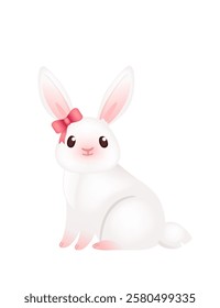 Adorable smiling rabbit with pink ribbon and bow. Funny positive bunny with long ears. Cute and playful rabbit. 3d cartoon animal design. Vector illustration isolated on white background