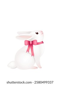 Adorable smiling rabbit with pink ribbon and bow. Funny positive bunny with long ears. Cute and playful rabbit. 3d cartoon animal design. Vector illustration isolated on white background