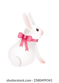 Adorable smiling rabbit with pink ribbon and bow. Funny positive bunny with long ears. Cute and playful rabbit. 3d cartoon animal design. Vector illustration isolated on white background