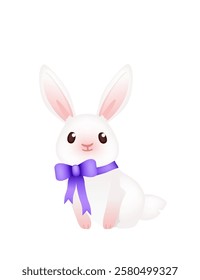 Adorable smiling rabbit with purple ribbon and bow. Funny positive bunny with long ears. Cute and playful rabbit. 3d cartoon animal design. Vector illustration isolated on white background