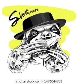 Adorable smiling sloth in a black top hat and in a hero mask on a yellow background. Humor card, t-shirt composition, hand drawn style print. Vector illustration.