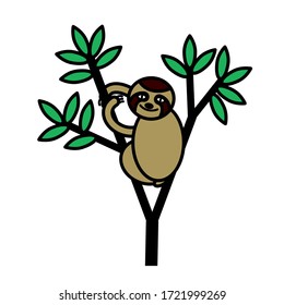 Adorable smiling sloth on a tree with leaves. Isolated on white background. Cute wild animal in cartoon style. Fun design for mug, shirt, poster, print. Outline stock vector illustration.