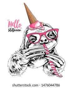 Adorable smiling Sloth in a pink glasses, ice cream party hat, and with a party whistle blowing. Happy birthday humor card, t-shirt composition, hand drawn style print. Vector illustration.