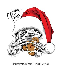 Adorable smiling sloth in a red christmas hat with a gingerbread man. Cookies for Santa - lettering quote. New year card, Humor composition, hand drawn style print. Vector illustration.