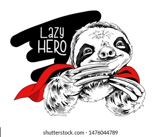 Adorable smiling sloth in a red cloak and in a black hero mask. Humor card, t-shirt composition, hand drawn style print. Vector illustration.