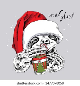 Adorable smiling sloth in a red Santa's hat with cup of coffee. Christmas and New year card, Humor composition, hand drawn style print. Vector illustration.