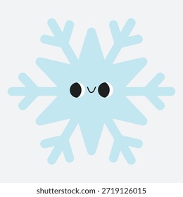 Adorable smiling snowflake character in soft blue color. Playful winter illustration for kids design, stickers, greeting cards and festive holiday decor.