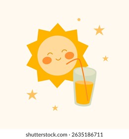 Adorable smiling sun character drinking juice through a straw with stars around. Flat cartoon style illustration perfect for summer designs, kids' decor, baby clothes