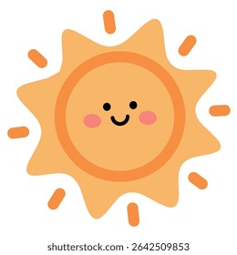 Ícone de sol sorridente adorável com uma face redonda e raios radiantes. Caloroso e alegre, perfeito para aplicativos meteorológicos, conteúdo infantil, gráficos de verão ou temas de interface do usuário alegres e ensolarados.