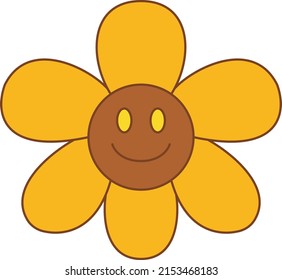 Adorable and smiling sunflower, kawaii design, editable stroke and color, yellow and brown, vector illustration.