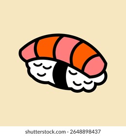 Adorável sushi nigiri sorridente em estilo kawaii com expressão alegre. Ótimo para temas de comida japonesa, gráficos infantis ou marca culinária divertida