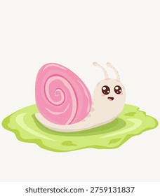 Adorable snail on meadow, cute kawaii animal character, pastel vector illustration