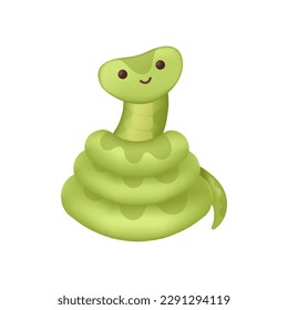 Adorable snake 3d vector illustration. Cute green animal curled up in rings in cartoon style isolated on white background. Animal, nature, wildlife concept