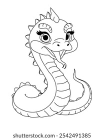 Adorable snake character with a friendly expression, large eyes, and spiky details along its back, designed for 2025 Lunar Year of the Snake coloring book page. Perfect for kids to color and celebrate