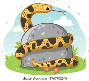 Adorable snake. Exotic animals in tropical forest or rainforest. Flora and fauna of tropics. Cute funny inhabitants of jungle. Cartoon colorful vector illustration.