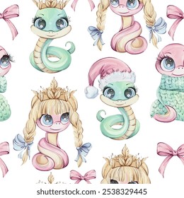 Adorable snakes, Cartoon. Symbol wealth of Chines New Year 2025 in cute cartoon style seamless pattern for souvenirs, printing, packaging, fabric Creatures Designed with Vibrant and Festive Themes for