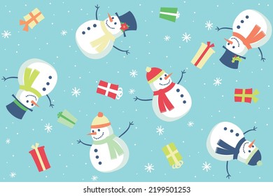 Adorable snomen in fun retro colors. This holiday themed seamless vector pattern is perfect for backgrounds and surface designs.