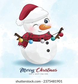 Adorable snowman christmas with watercolor illustration