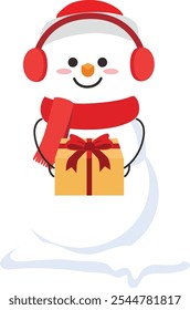 Adorable snowman is dressed in festive attire, featuring a red Santa hat, cozy earmuffs, and a matching red scarf. With a cheerful smile, he holds a beautifully wrapped gift box