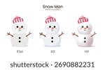 
Adorable snowman in flat, 2D, and 3D vector styles for winter and Christmas designs.