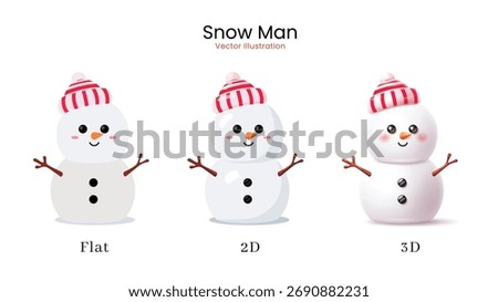 
Adorable snowman in flat, 2D, and 3D vector styles for winter and Christmas designs.