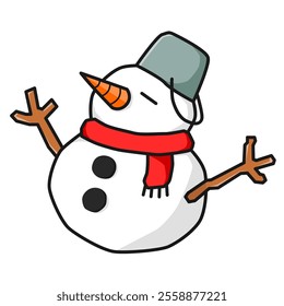 Adorable Snowman Wearing Bucket Helmet And Scarf Vector Illustration