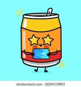 Adorable Soda Can character with star eyes holding a tablet, a fun and cute design.
