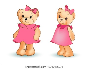 Adorable soft toy bear in pink dress with bow in head stands straight and in cute shy pose isolated vector illustrations set on white background.