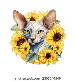 Adorable Sphynx Cat with Sunflowers Watercolor Vector Illustration