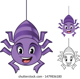 Adorable Spider Hanging on The Cobweb Thread Cartoon Character Design, Including Flat and Line Art Designs, Vector Illustration, in Isolated White Background.