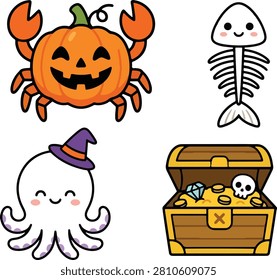 Adorable spooky sea creatures set featuring jack o lantern crab witch octopus ghost treasure chest and fish skeleton.