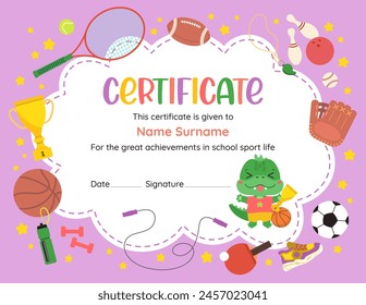 Adorable sports certificate template featuring kawaii cartoon character and vibrant sport icons. Perfect for celebrating young achievers athletic success in elementary school. Vector flat graphics.