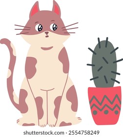 Adorable spotted cat sitting playfully next to a small cactus in a beautifully decorated pot, featuring a simple flat vector illustration against a crisp white background