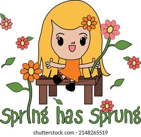 Adorable Spring Has Sprung Girl and Flowers Vector Illustration over white.