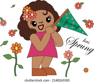 Adorable Spring Has Sprung Girl and Flowers Vector Illustration white background.