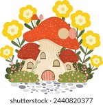 Adorable Spring Mushroom House Hand Drawn Clipart - Fantasy Vector Illustration for Invitation, Greeting Card, Birthday, Party, Celebration, Wedding, Poster, Banner, Textile, and Wallpaper