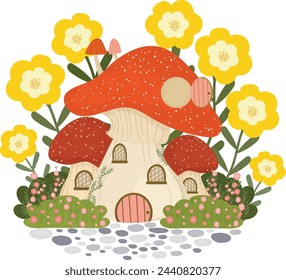 Adorable Spring Mushroom House Hand Drawn Clipart - Fantasy Vector Illustration for Invitation, Greeting Card, Birthday, Party, Celebration, Wedding, Poster, Banner, Textile, and Wallpaper