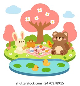 Adorable picnic de primavera con animales del bosque. Lindo arte de dibujos animados para niños.