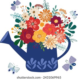 adorable spring wild flowers bouquet in watering can with butterfly hand drawn clipart vector for invitation greeting birthday party celebration wedding card poster banner textile background