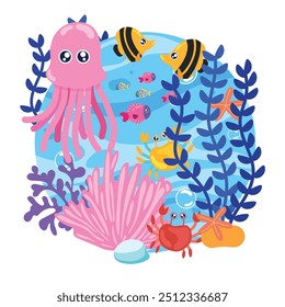 Adorable squid swimming with fish and crab in colorful ocean scene Vector illustration