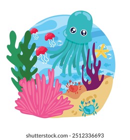 Adorable squid swimming with fish and jellyfish in colorful ocean scene Vector illustration