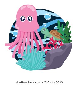 Adorable squid swimming with a turtle in colorful ocean scene Vector illustration