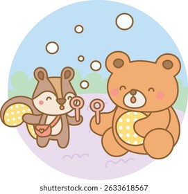 Adorable squirrel and bear blowing bubbles together in a playful outdoor setting, enjoying fun bonding time during summer learning activities